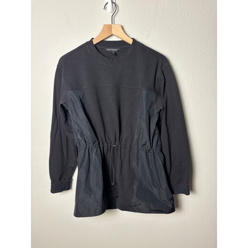 Athleta Triumph Hybrid Crewneck Sweatshirt Black Mixed Media Drawstring Size M